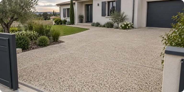 Allée en béton désactivé devant une maison, granulats apparents