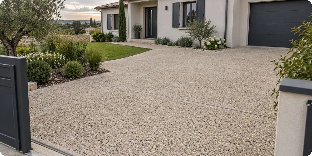 Allée en béton désactivé devant une maison, granulats apparents