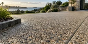 Béton désactivé lavé révélant les granulats de surface