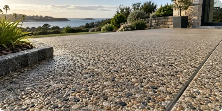Béton désactivé lavé révélant les granulats de surface