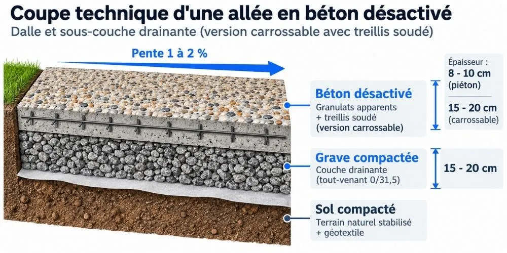 Coupe technique d'une allée en béton désactivé dalle et sous-couche drainante