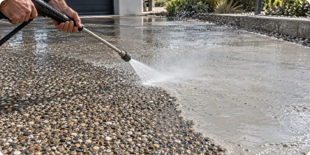Lavage haute pression révélant les granulats d'une allée en béton désactivé