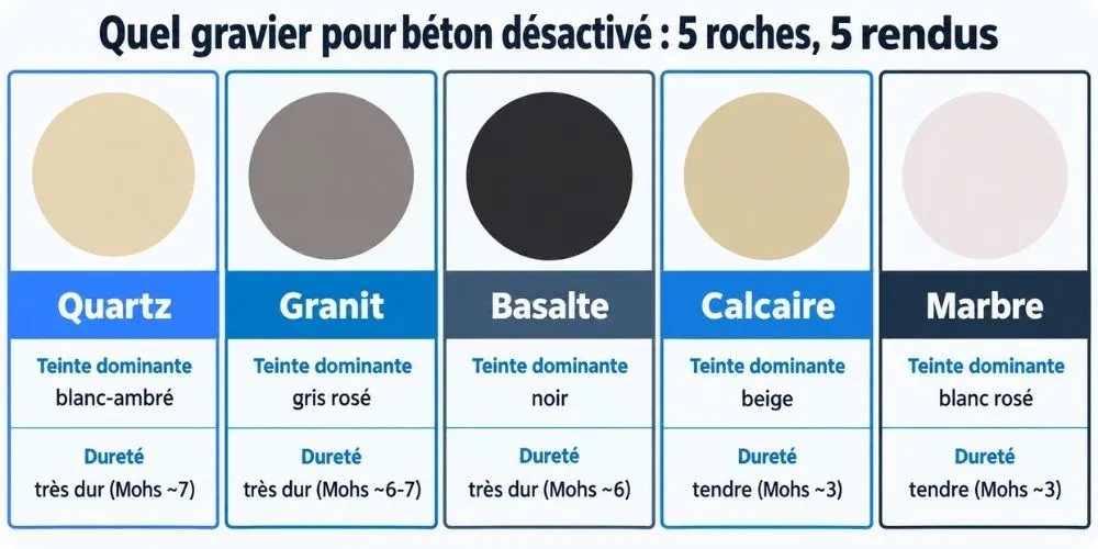 Nuancier de roches pour gravier de béton désactivé quartz, granit, basalte, calcaire, marbre
