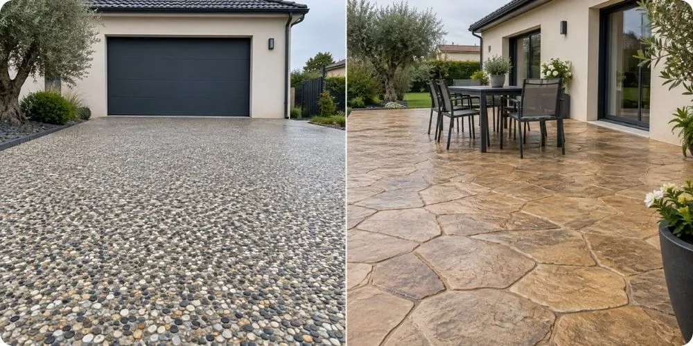 Surface de béton désactivé aux granulats apparents à côté d'un béton imprimé à motif pierre