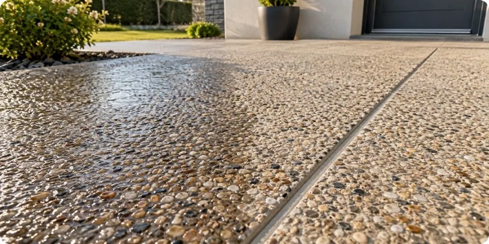 Terrasse en béton désactivé finie avec gravier 610, rendu de surface