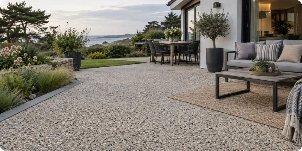 Terrasse en béton désactivé résidentielle avec mobilier de jardin
