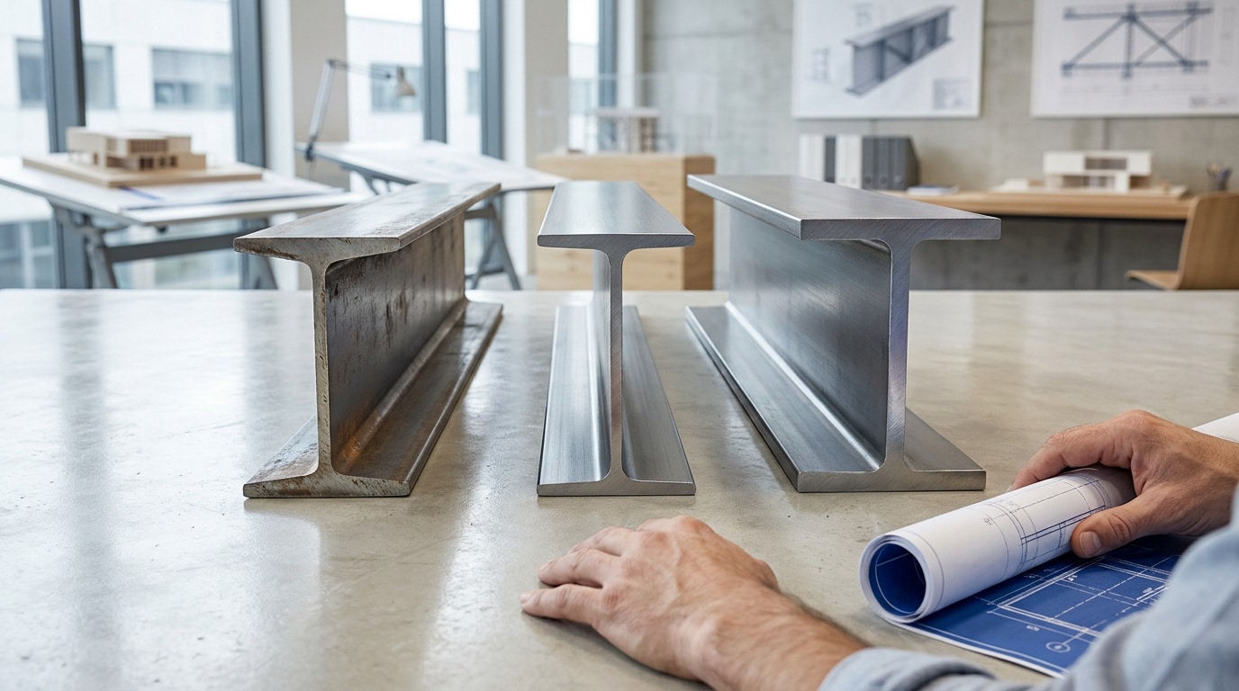 Trois poutres en acier de formes différentes posées sur une table de bureau avec des plans architecturaux.