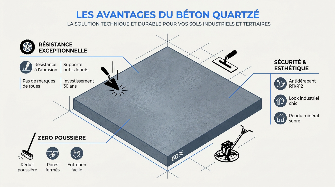 Dalle en béton quartzé offrant une haute résistance à l'abrasion et une finition antidérapante