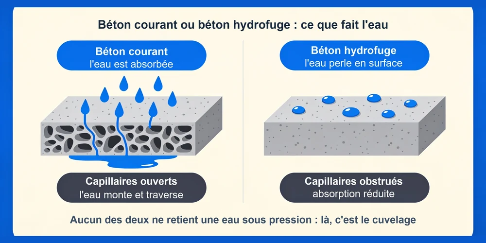 Coupe schématique d'un béton poreux face à un béton hydrofuge : absorption capillaire réduite