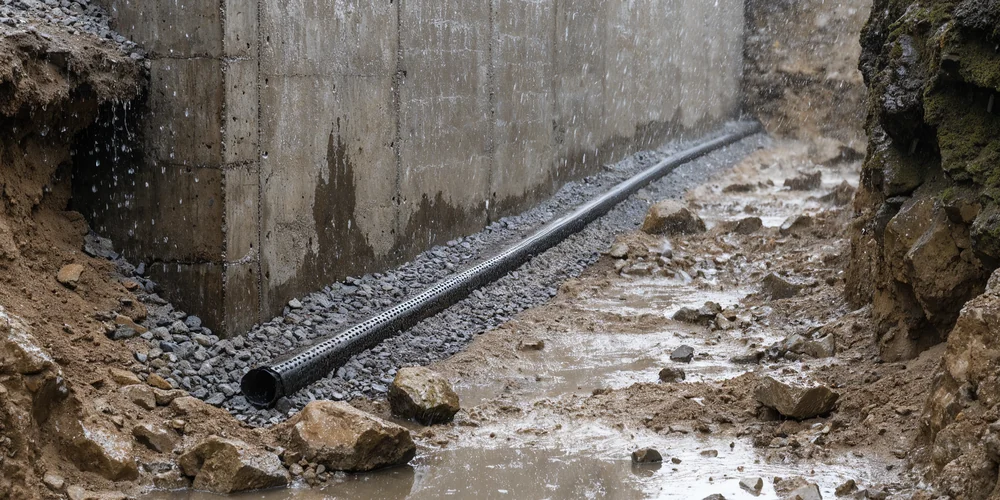 Mur enterré en béton brut en fouille ouverte, drain en pied et eau stagnante : le cas de l'eau sous pression