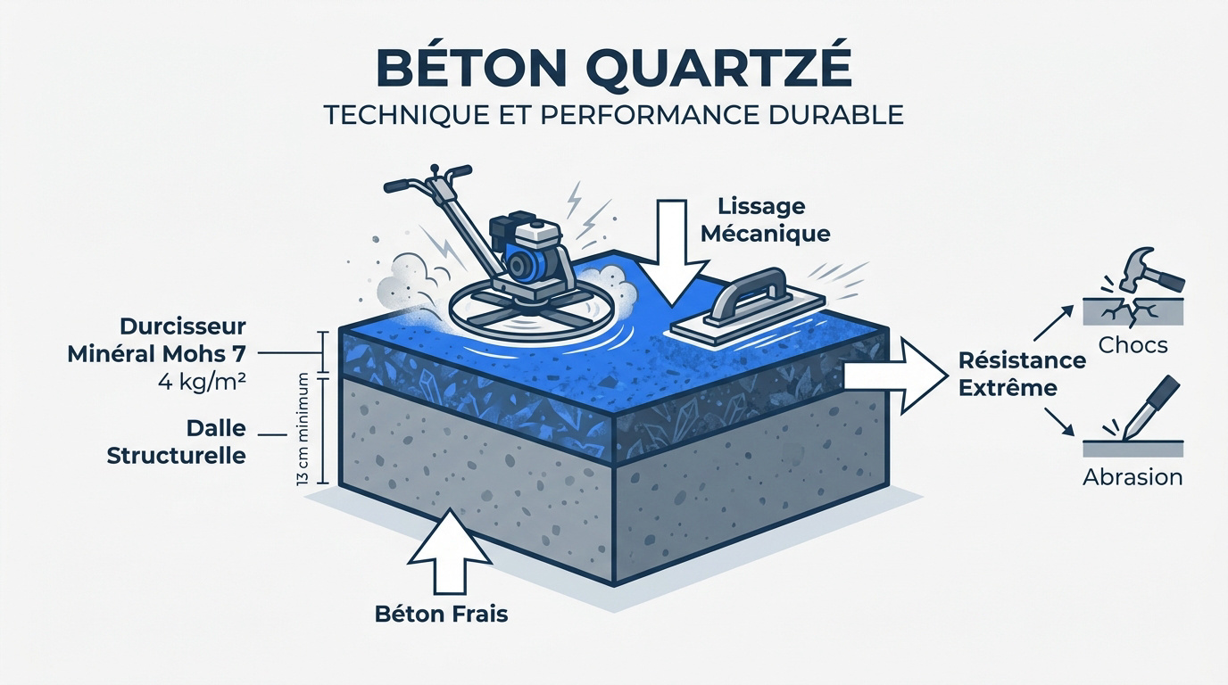 Application mécanique du durcisseur minéral sur dalle béton fraîche