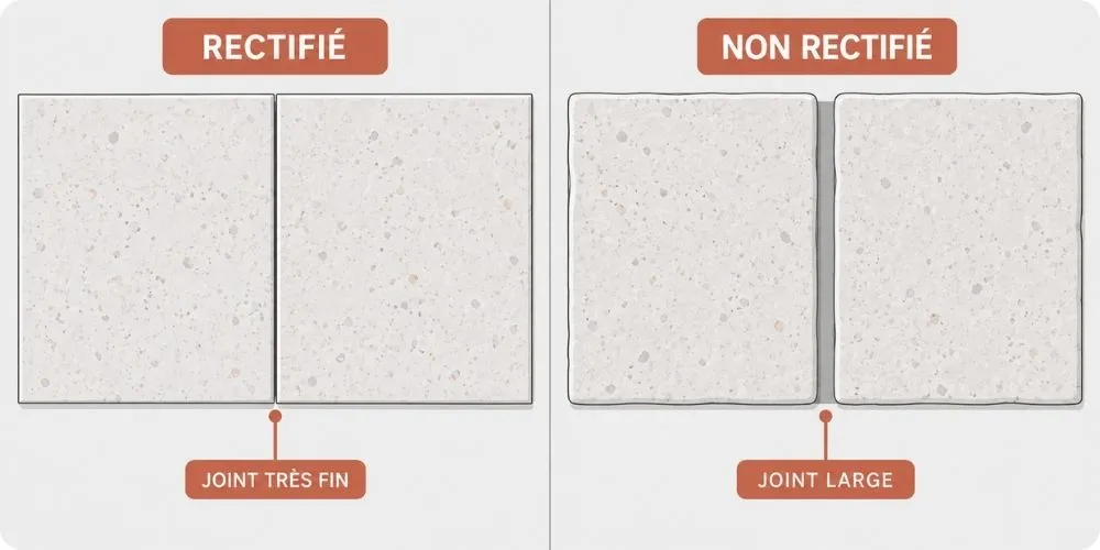 Comparaison de deux carreaux vus de dessus : bords rectifiés à arête vive contre bords non rectifiés arrondis