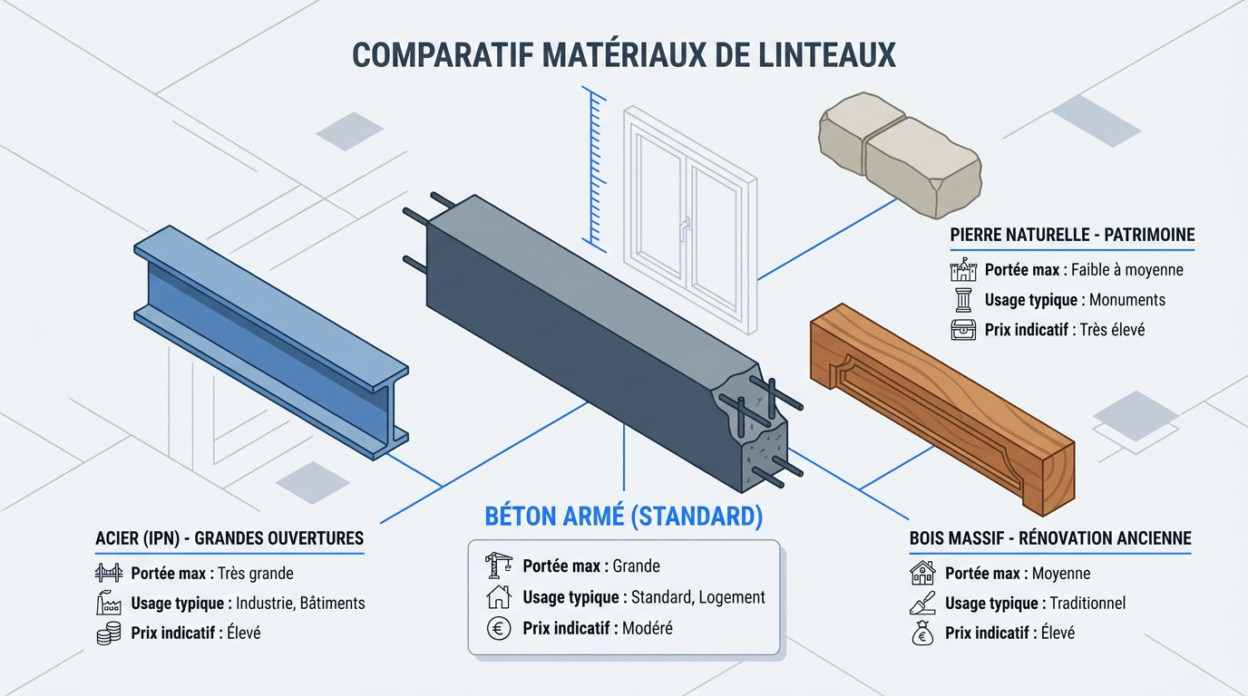 Comparatif technique des matériaux pour linteaux de fenêtres : béton, acier et bois
