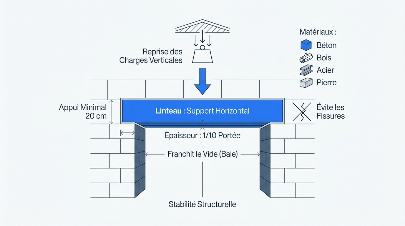 Schéma technique d'un linteau en béton armé supportant une charge de maçonnerie au-dessus d'une ouverture