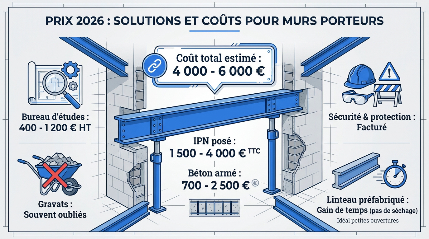 Tableau comparatif des coûts 2026 pour pose IPN et linteau béton sur mur porteur