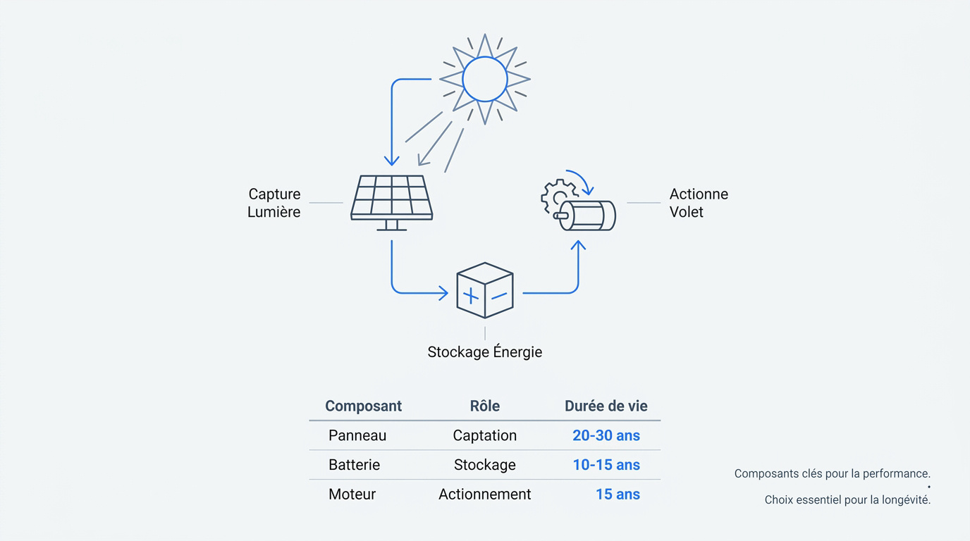 Schéma du cycle énergétique d'un volet roulant solaire incluant le panneau, la batterie et le moteur tubulaire