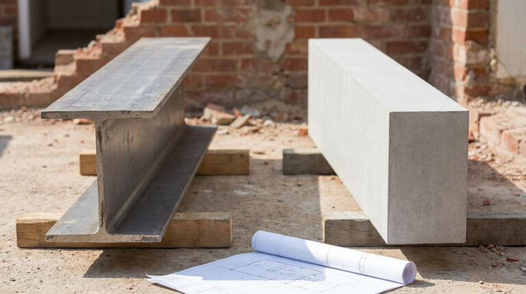 Une poutre IPN en acier et un linteau en béton posés sur un chantier avec des plans d'architecte.