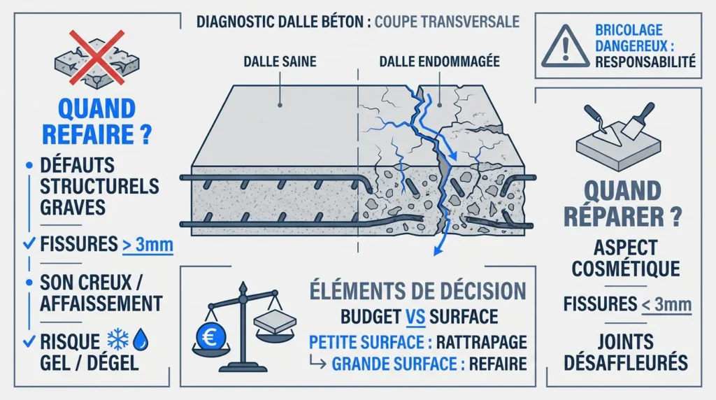 Diagnostic technique d'une dalle en béton fissurée pour arbitrage entre réparation et démolition