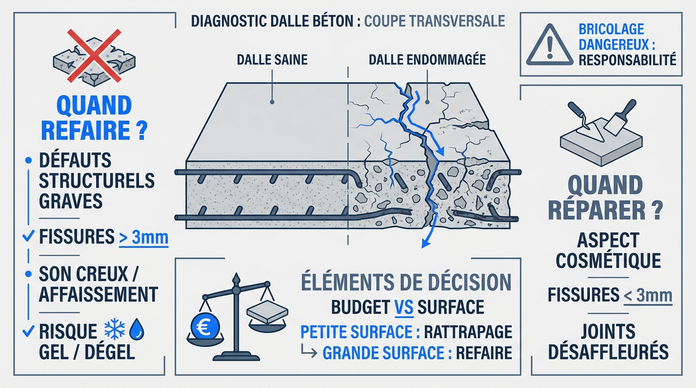 Diagnostic technique d'une dalle en béton fissurée pour arbitrage entre réparation et démolition