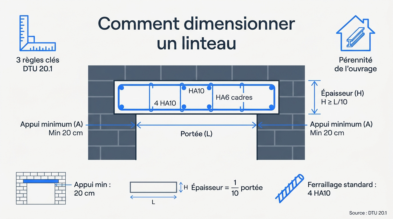Schéma technique du dimensionnement d'un linteau en béton armé selon les normes DTU