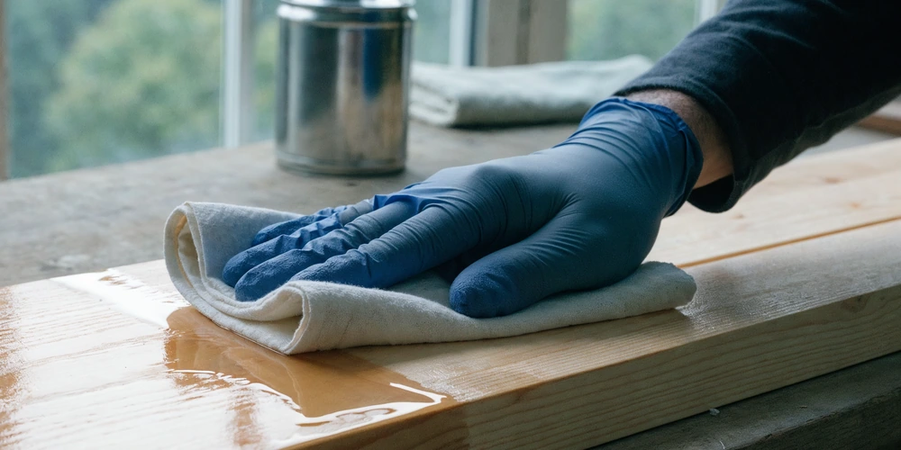 Application d'huile de lin sur le bois en couche fine, excédent essuyé au chiffon