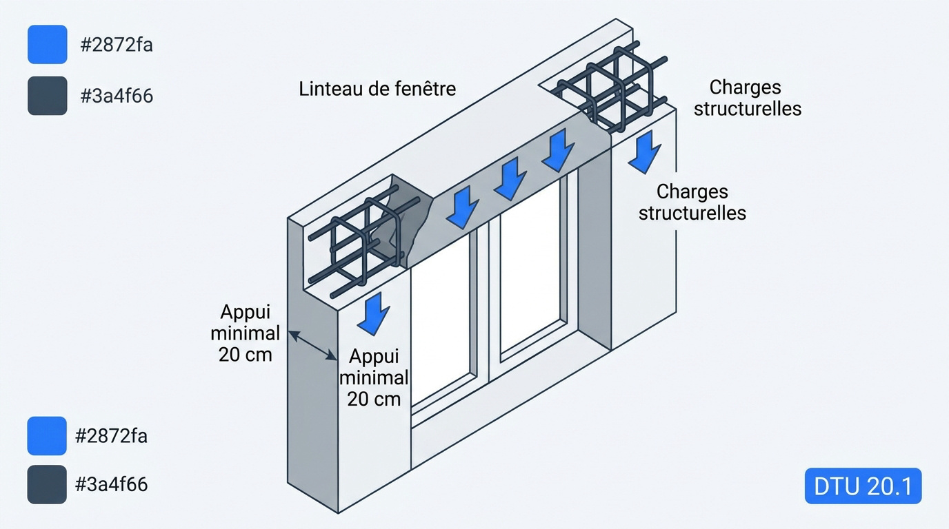 Schéma technique d'un linteau de fenêtre en béton armé avec ferraillage