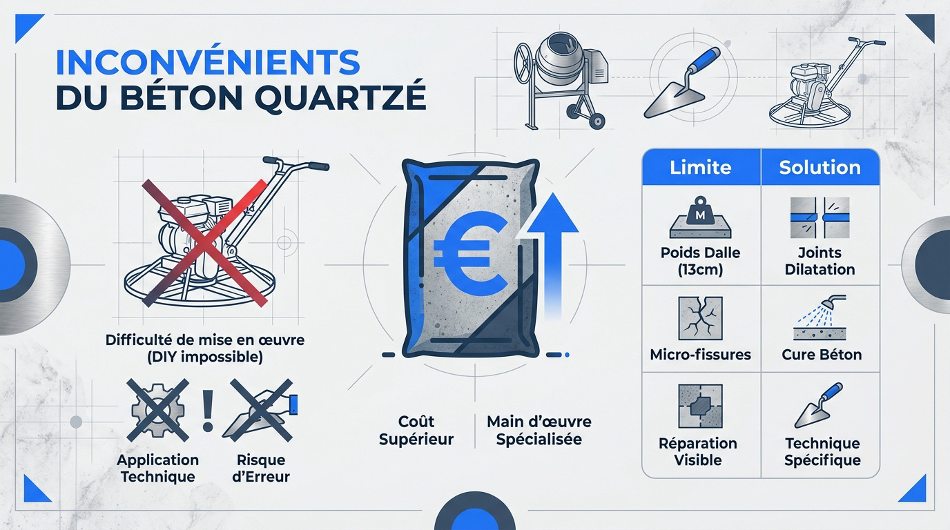 Mise en œuvre technique du béton quartzé avec talocheuse mécanique sur chantier résidentiel