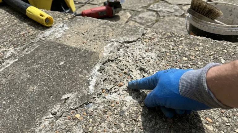 Une main gantée de bleu montre une zone de béton désactivé dégradé, avec des outils de réparation en arrière-plan.