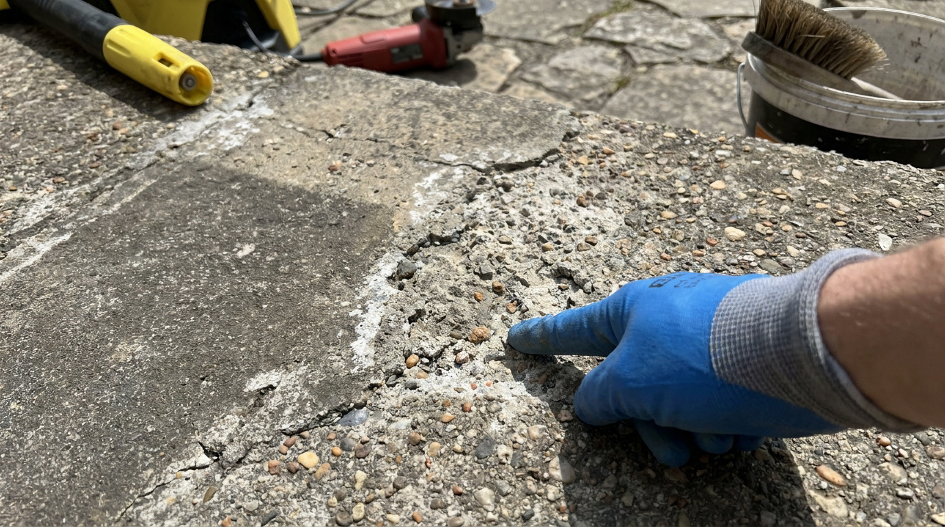 Une main gantée de bleu montre une zone de béton désactivé dégradé, avec des outils de réparation en arrière-plan.