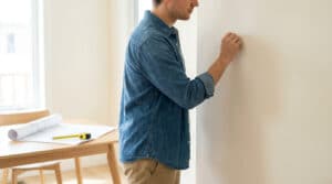 Un homme teste un mur en frappant dessus pour entendre s'il sonne creux, avec des plans sur une table en arrière-plan.