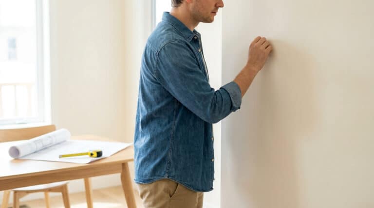 Un homme teste un mur en frappant dessus pour entendre s'il sonne creux, avec des plans sur une table en arrière-plan.