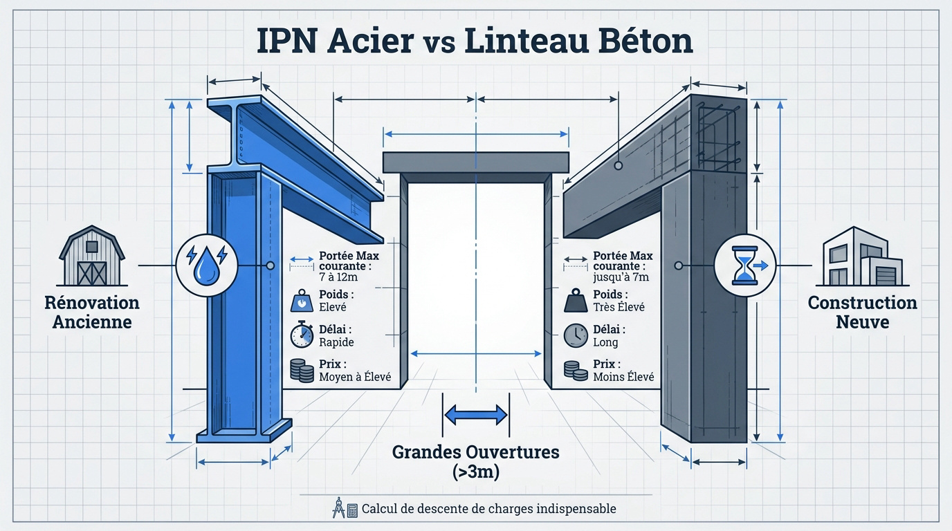 Comparatif technique entre une poutre IPN en acier et un linteau en béton armé pour ouverture de mur porteur