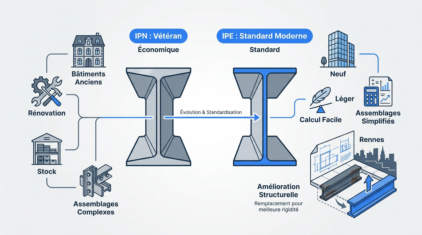 Comparaison technique entre profilés acier IPN et IPE pour structure porteuse