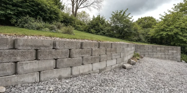 Muret de soutènement en blocs de béton retenant la terre d'un jardin en pente