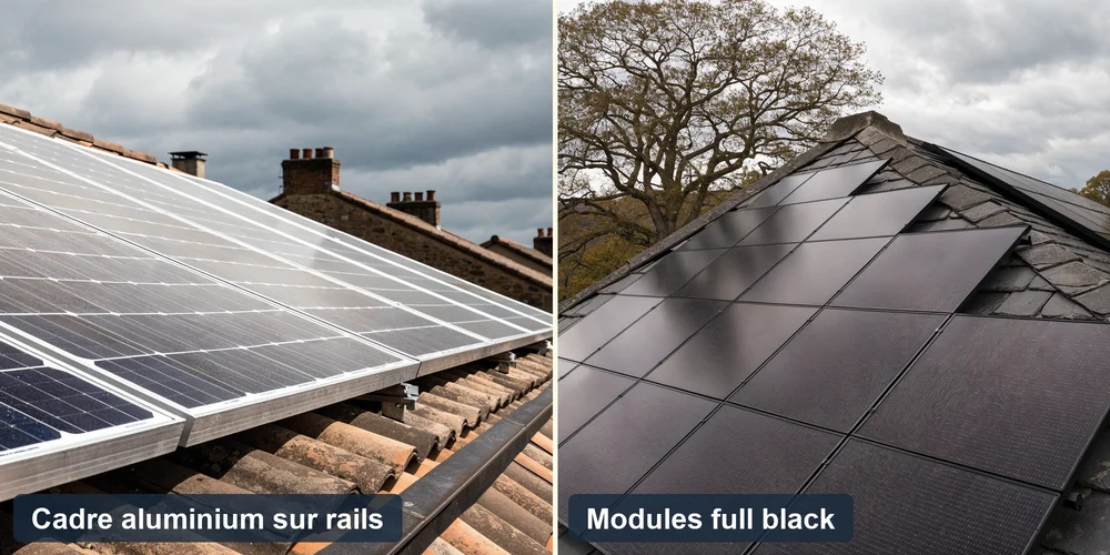 Comparaison de panneaux solaires à cadre aluminium et de modules full black intégrés en toiture