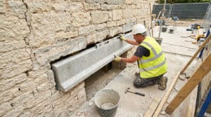 Ouvrier en gilet de sécurité utilisant un niveau à bulle pour poser un linteau en béton dans un mur en pierre.