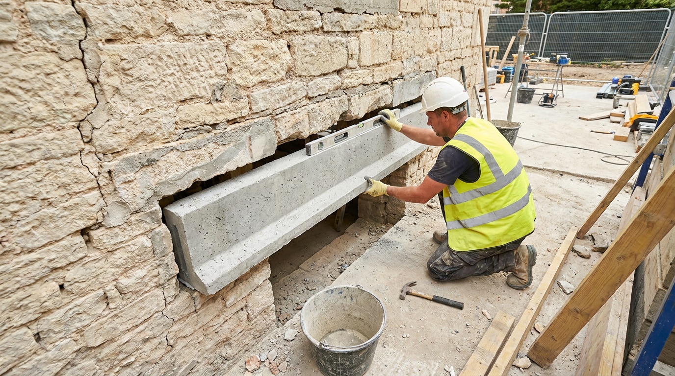 Ouvrier en gilet de sécurité utilisant un niveau à bulle pour poser un linteau en béton dans un mur en pierre.