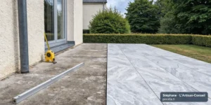 Recouvrir une terrasse en béton : dalle brute à gauche, carrelage collé à droite, seuil mesuré au mètre