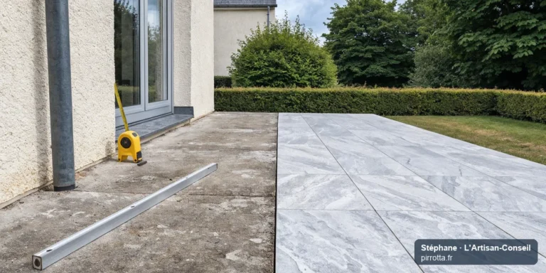 Recouvrir une terrasse en béton : dalle brute à gauche, carrelage collé à droite, seuil mesuré au mètre