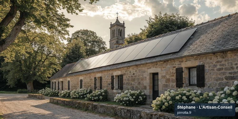 Panneaux photovoltaïques full black en surimposition sur une maison en pierre près d'un clocher