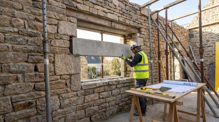 Ouvrier en gilet de sécurité installant un linteau en béton sur un mur en pierre en cours de rénovation.