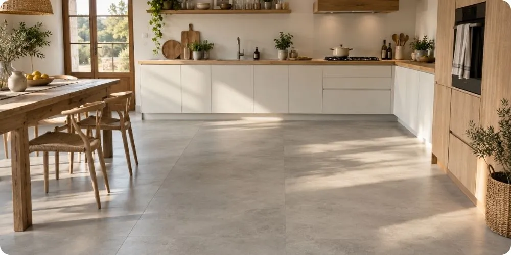Sol en grès cérame rectifié grand format 60x60 posé à joints fins de 2 mm dans une pièce à vivre