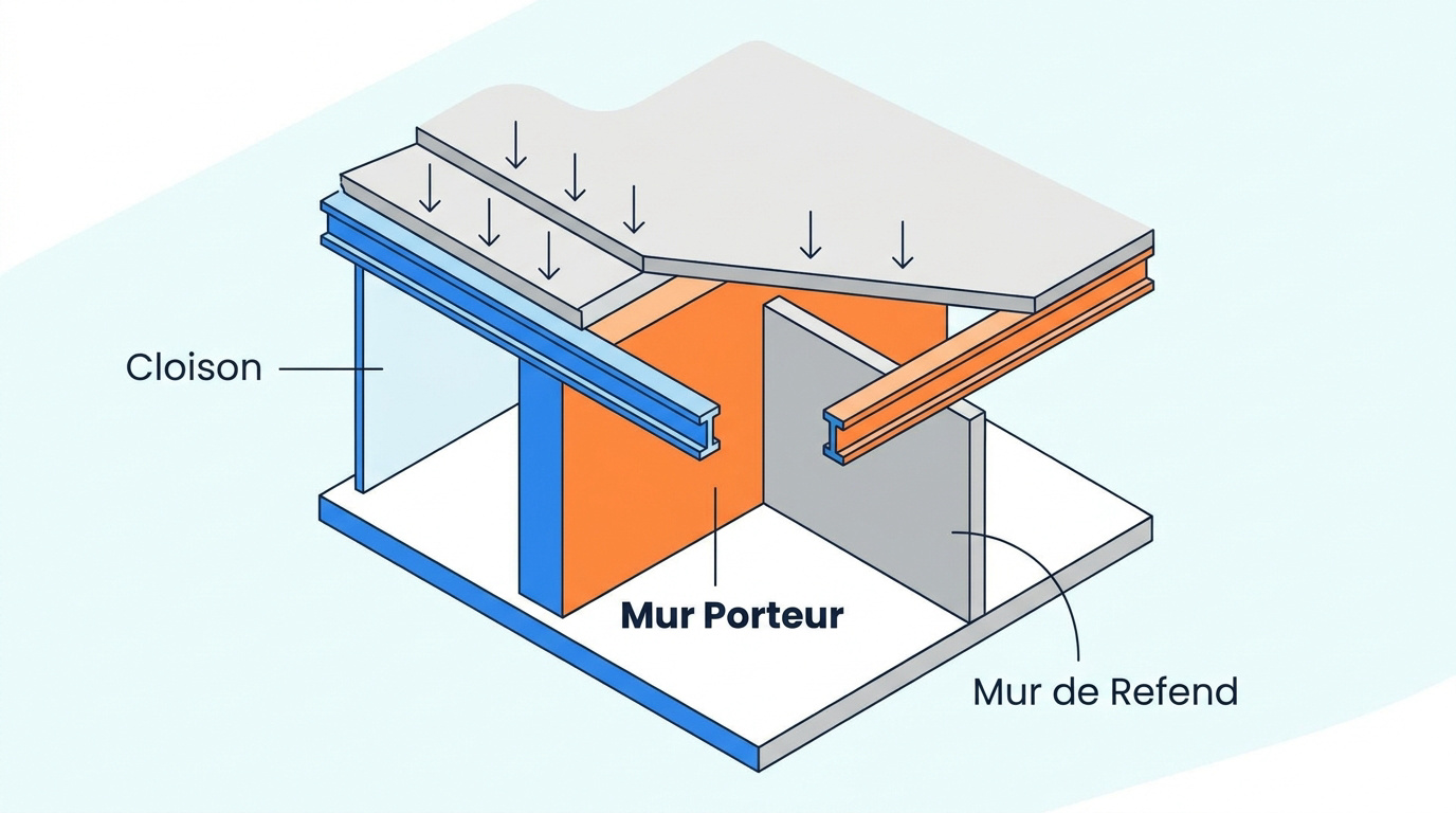 Schéma technique différenciant un mur porteur, un mur de refend et une cloison de distribution