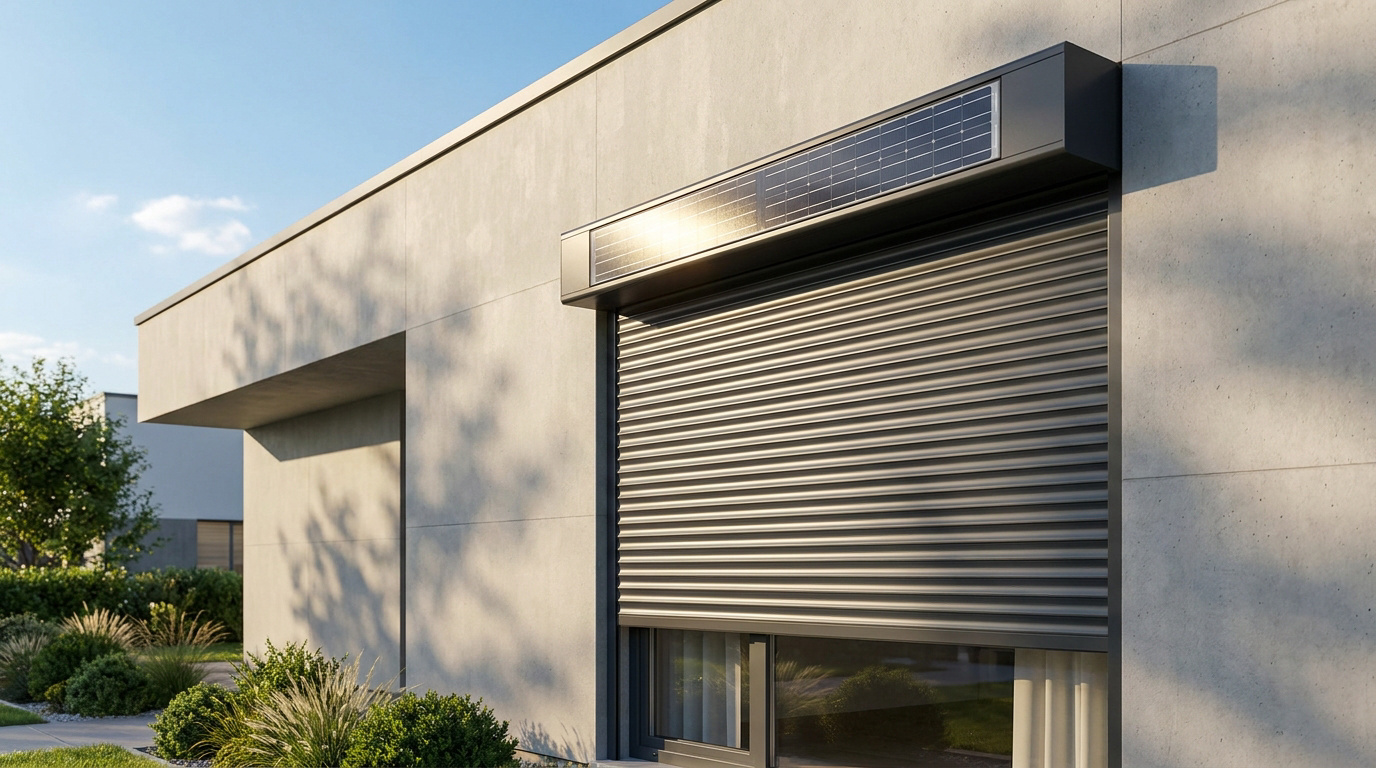 Volet roulant gris avec panneau solaire intégré installé sur un mur extérieur en béton clair d'une maison moderne.