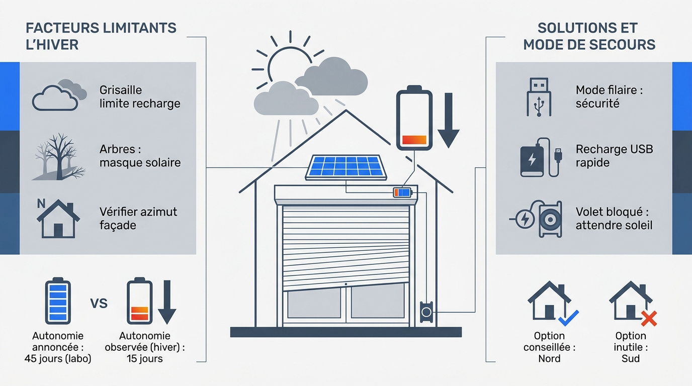 Panneau solaire et batterie de volet roulant en situation hivernale