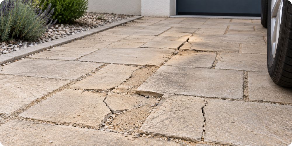 Dalles minces fissurées sur une allée devant maison utilisée comme stationnement, faute de fondation carrossable