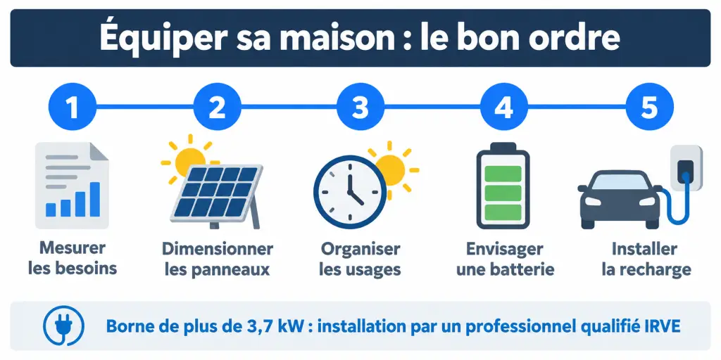 Infographie des 5 étapes pour équiper sa maison de panneaux solaires, d’une batterie et d’une borne de recharge