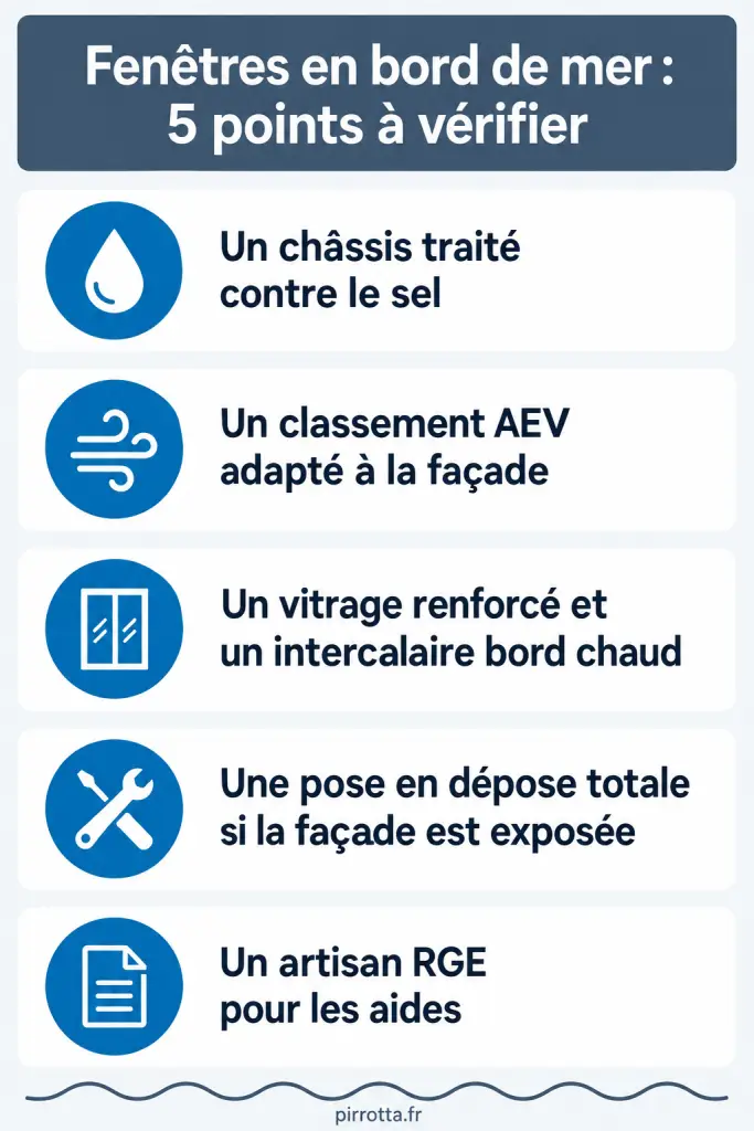 Infographie des 5 points à vérifier pour des fenêtres en bord de mer : traitement anti-sel, classement AEV, vitrage, pose, artisan RGE