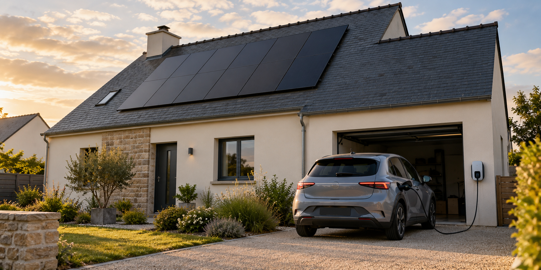 Maison équipée de panneaux solaires sur le toit et d’une voiture électrique en recharge devant le garage