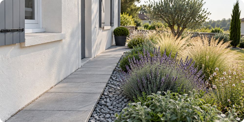 Parterre de vivaces et graminées devant une maison, séparé de la façade par un trottoir en dur